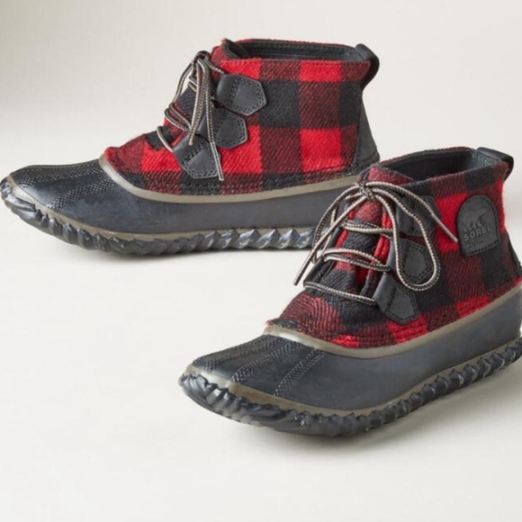 Sorel Women's Out N About Red Buffalo Plaid Lace Up Rain Boots size 5.5 - Picture 1 of 6